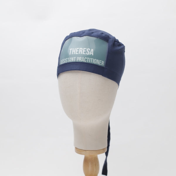 ClearName personalised scrub cap with visible name embroidery for team identification
