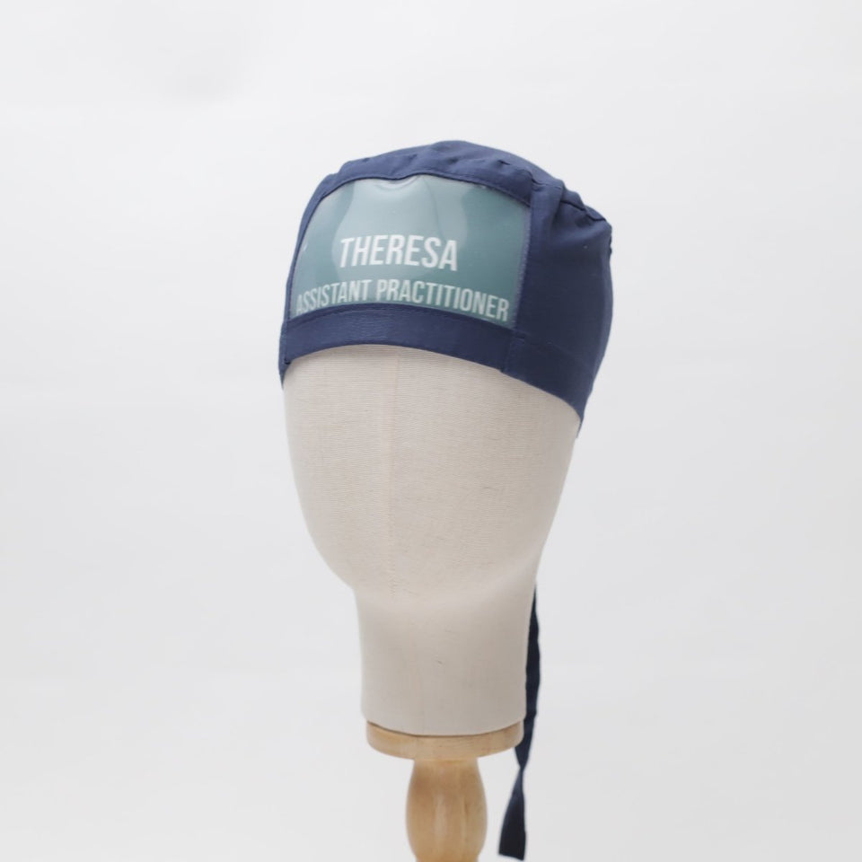 ClearName personalised scrub cap with visible name embroidery for team identification