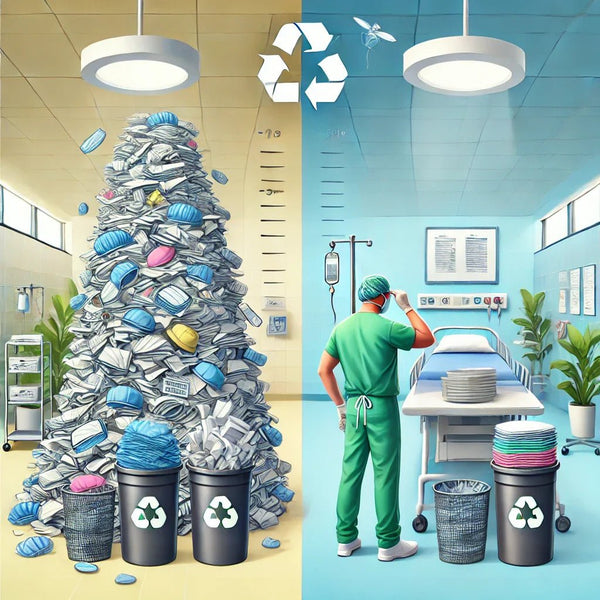 Welsh healthcare CO2 emissions reduction graph showing reusable scrub cap impact