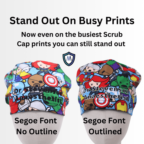 Segoe Outline embroidery font on a custom scrub cap from Medicus Caps