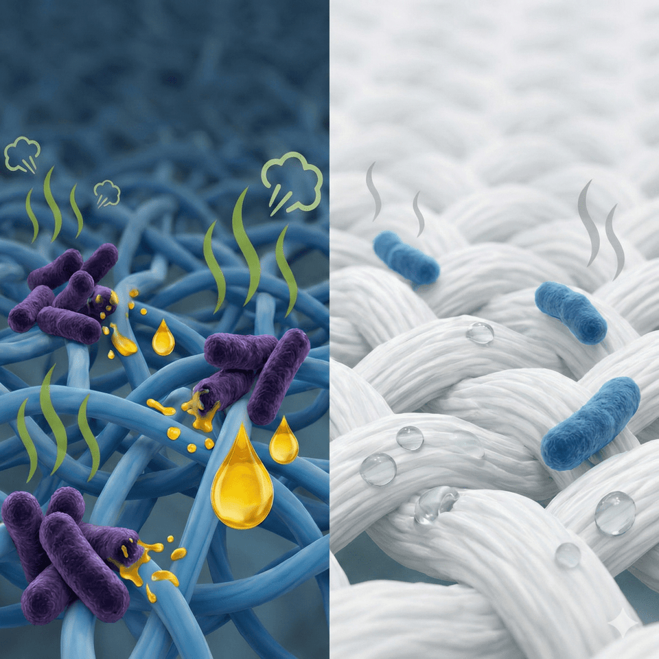 Polyester scrub cap with odour bacteria illustration compared to cotton alternative