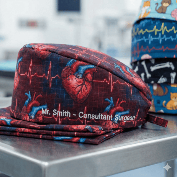 Printed surgical scrub caps with custom patterns for surgeons and theatre staff