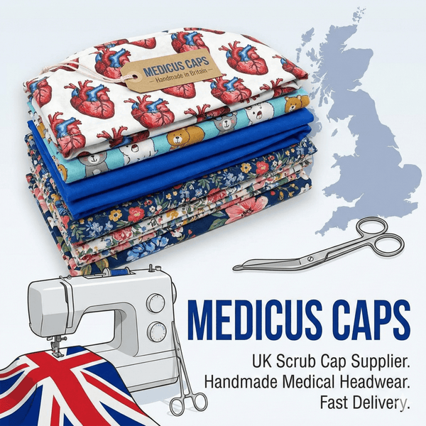 Handmade medical scrub cap headwear crafted by Medicus Caps UK
