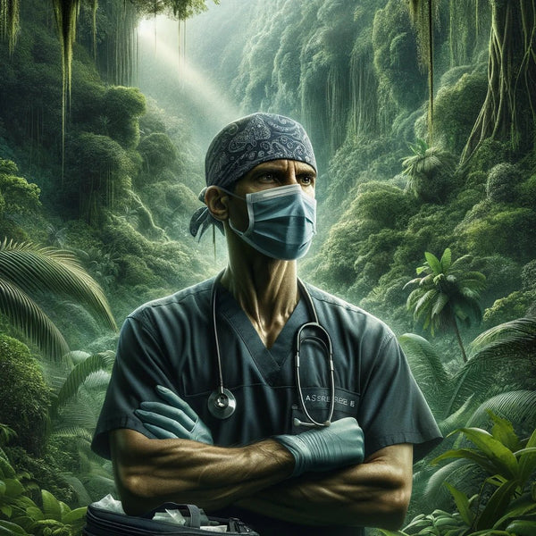 Surgeon wearing a bandana style scrub cap in the operating theatre