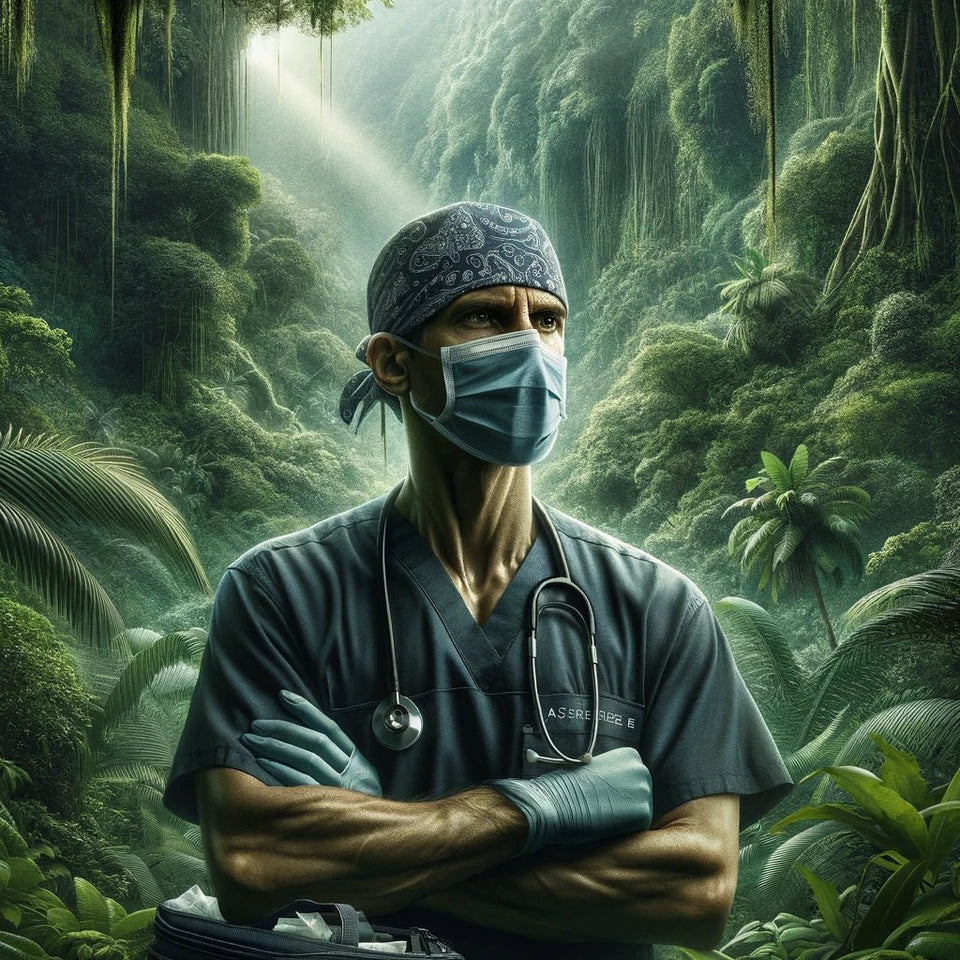 Surgeon wearing a bandana style scrub cap in the operating theatre