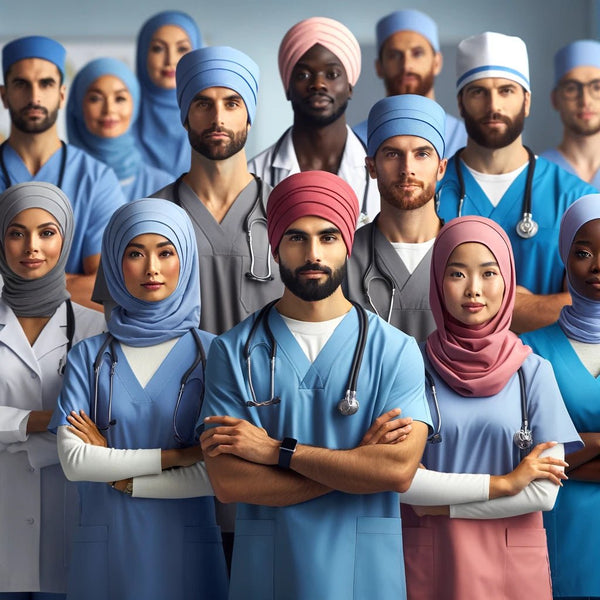 Nursing student in scrub cap and clinical uniform in hospital ward setting