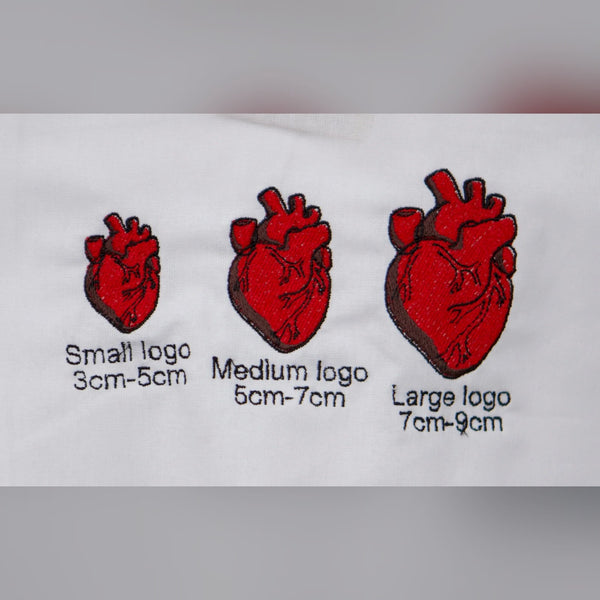 Embroidery sizing guide showing text and logo dimensions on Medicus scrub caps