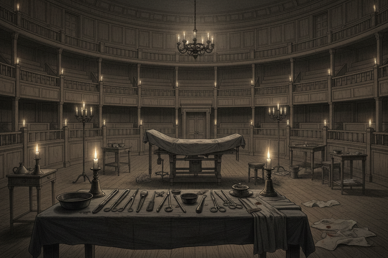 Historical illustration of Robert Liston performing rapid surgery before anaesthesia existed