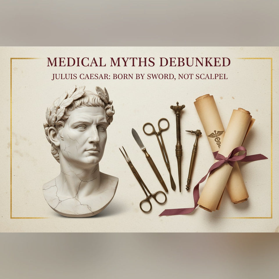Ancient Roman bust of Julius Caesar with surgical imagery debunking the caesarean section myth