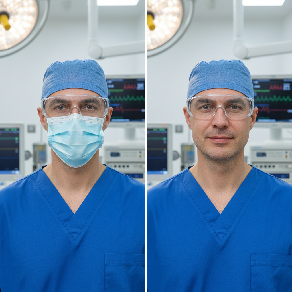 Surgeon wearing and not wearing a surgical face mask in the operating theatre