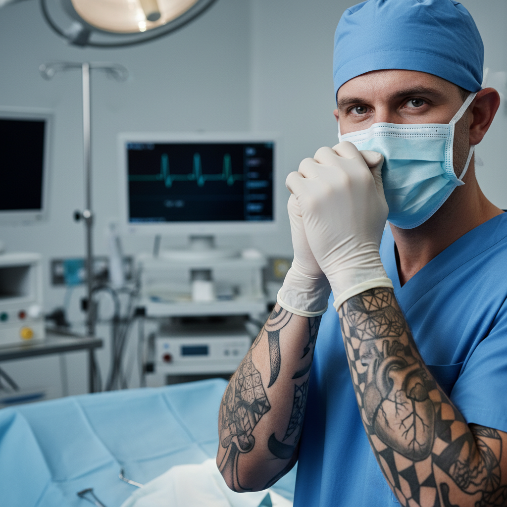 Healthcare professional with visible tattoos providing patient care in clinical setting