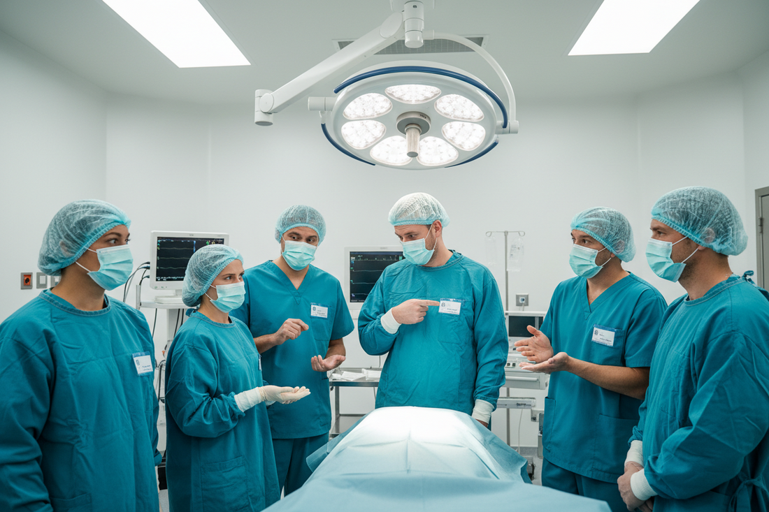 Surgical team in identical scrubs and caps unable to identify each other in the operating room