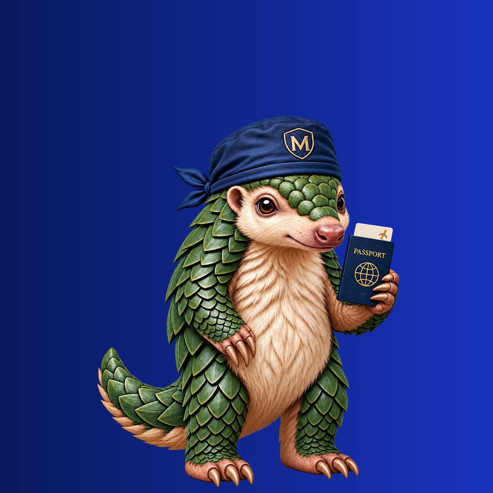 Pango, the Medicus Caps pangolin mascot. What Is the Digital Passport Inside Your Medicus Scrub Cap?