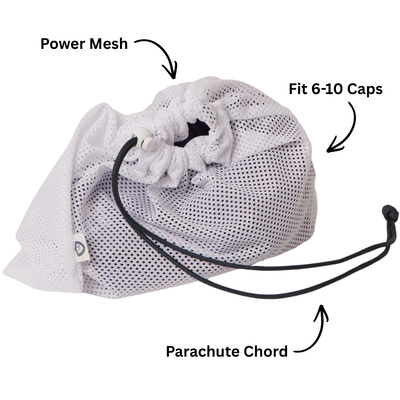 White Power Mesh laundry bag with parachute cord, fits 6-10 caps