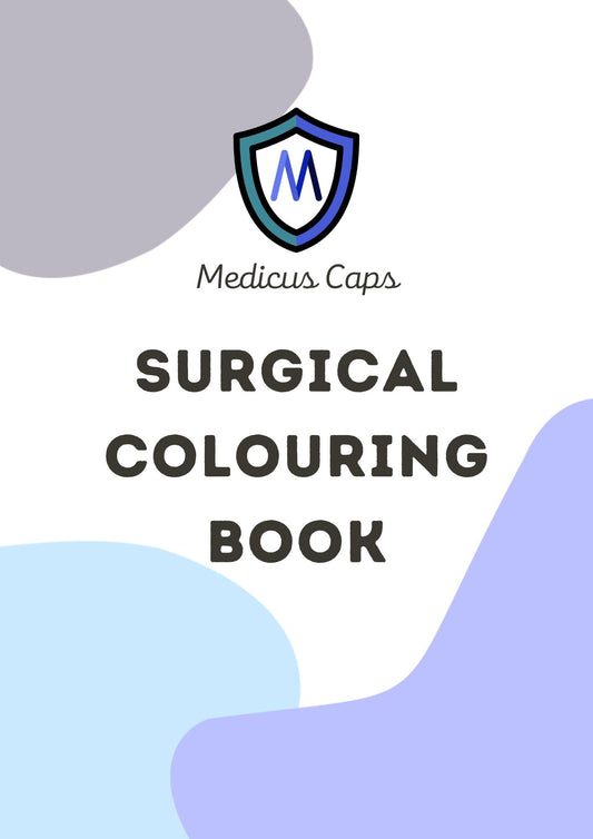 Cover of the Medicus Caps Surgical Colouring Book, featuring a shield logo with an "M" and abstract blue and gray shapes for a creative scrub cap experience.