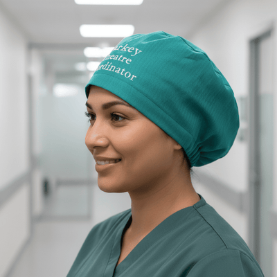100% Hemp Fabric Reusable Scrub Cap In Teal Green scrub cap shown on female model