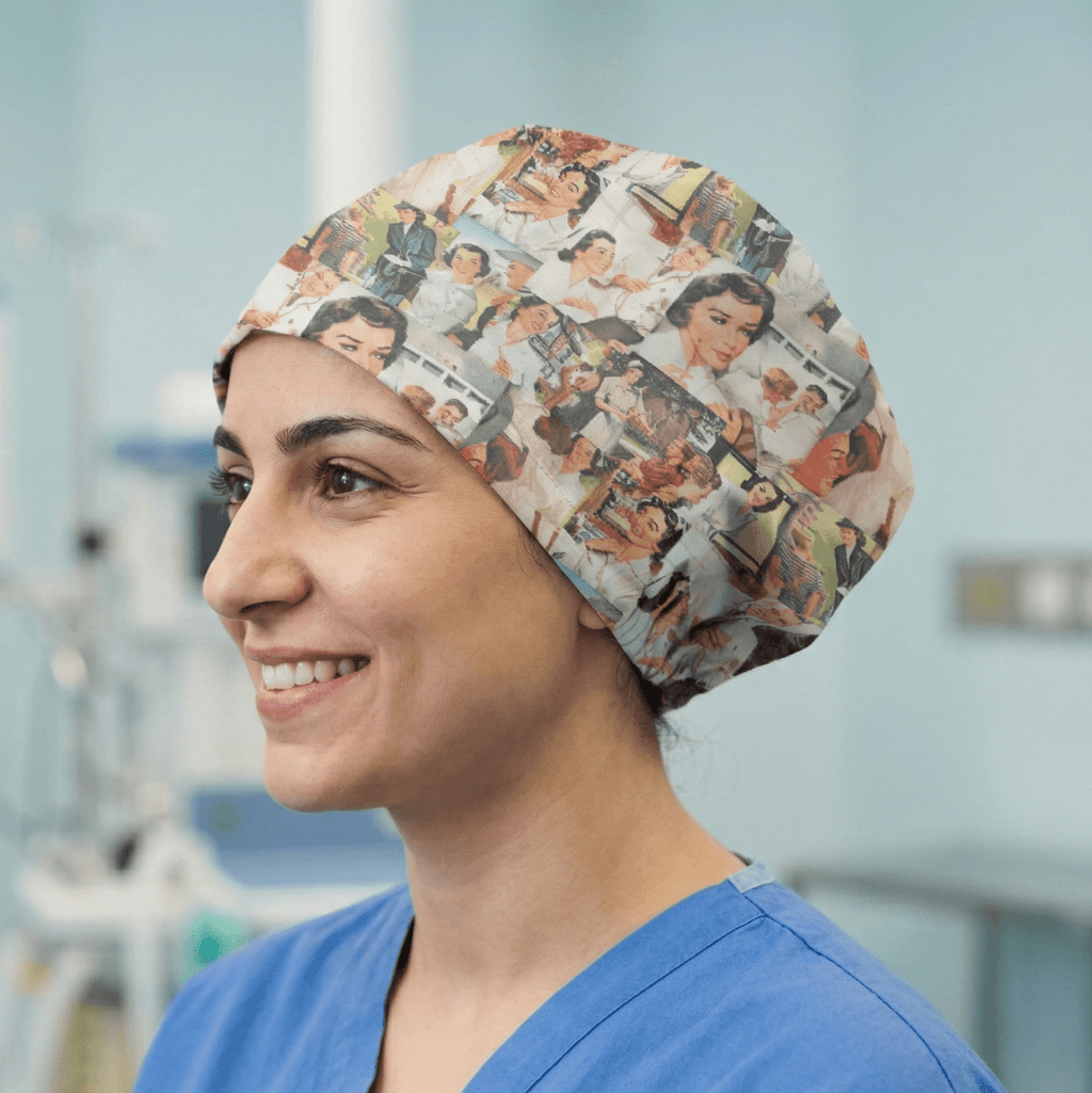 1960s Inspired Nurse Print Scrub Cap scrub cap flat lay view