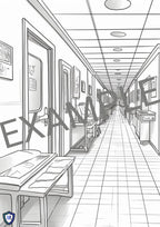 Medicus Scrub Caps presents the Medicus Caps A4 Adult Colouring Book featuring a black and white hospital hallway illustration for stress relief. "EXAMPLE" overlaid.