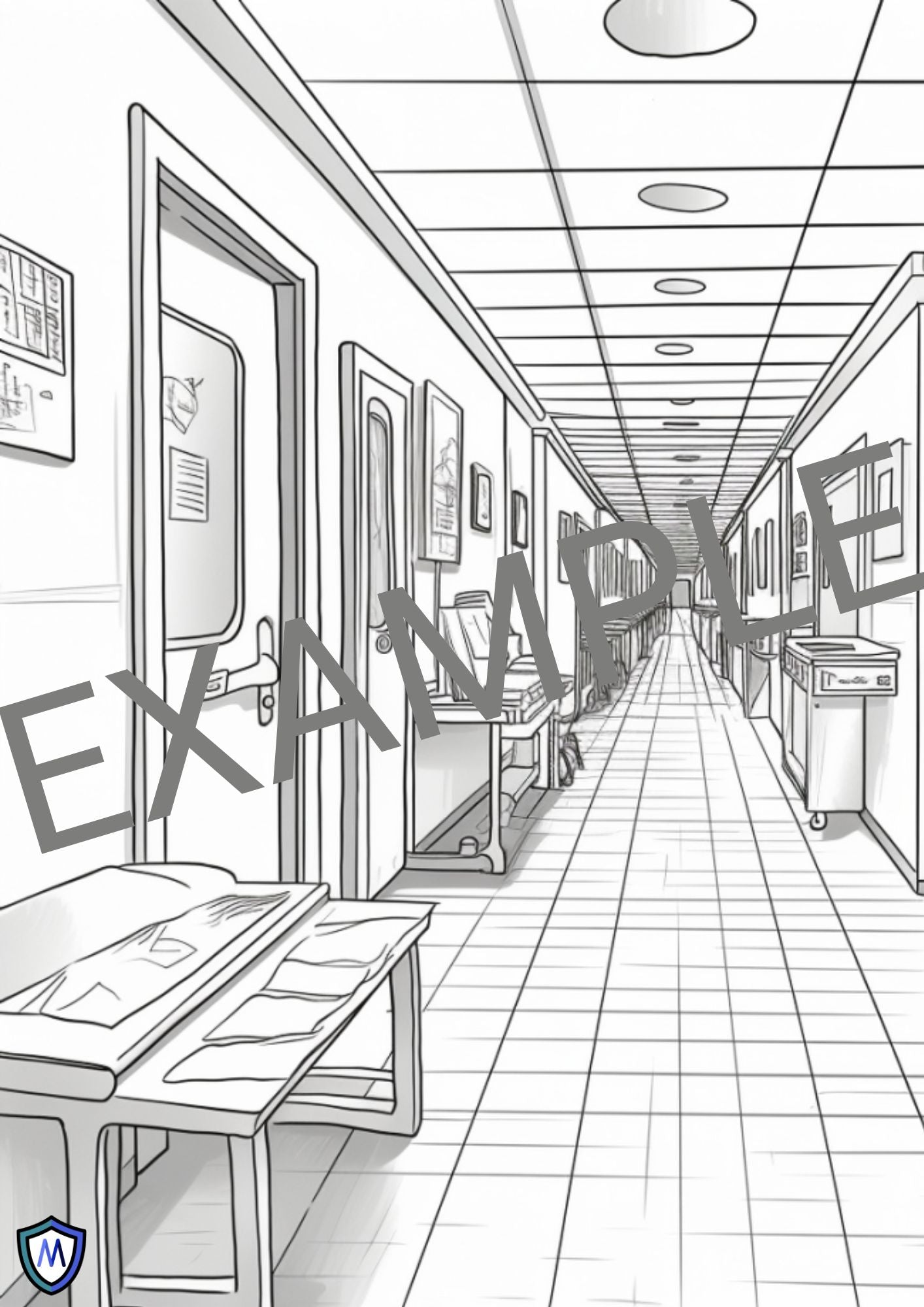 Medicus Scrub Caps presents the Medicus Caps A4 Adult Colouring Book featuring a black and white hospital hallway illustration for stress relief. "EXAMPLE" overlaid.