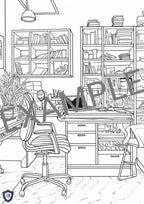 A detailed line art of a cluttered office with bookshelves, plants, and a desk. Featured in the Medicus Caps Colouring Book for stress relief.