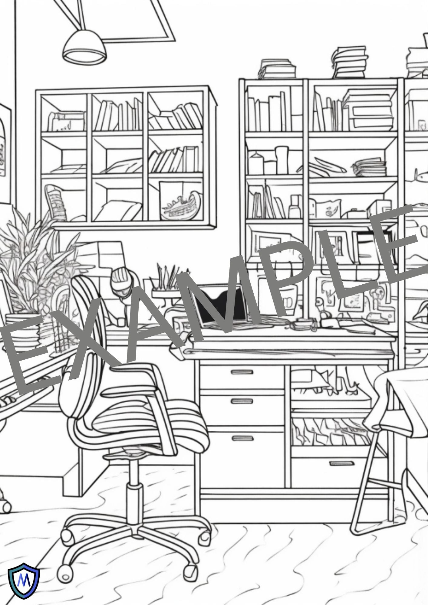 A detailed line art of a cluttered office with bookshelves, plants, and a desk. Featured in the Medicus Caps Colouring Book for stress relief.