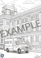 The *Medicus Caps Colouring Book* features a black-and-white hospital scene with an ambulance, perfect for a creative, healthcare-themed coloring session. "EXAMPLE" overlays the image.