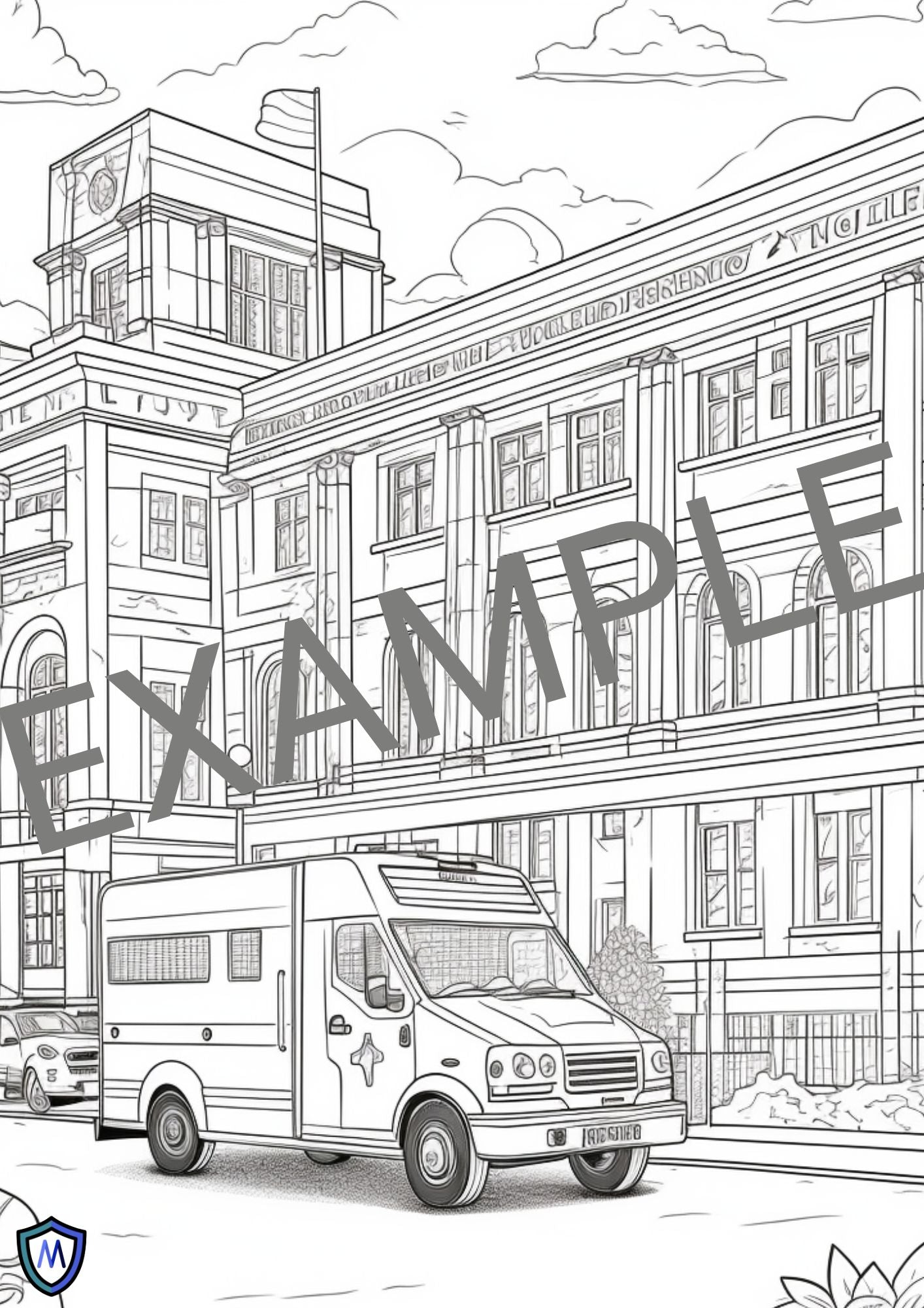 The *Medicus Caps Colouring Book* features a black-and-white hospital scene with an ambulance, perfect for a creative, healthcare-themed coloring session. "EXAMPLE" overlays the image.