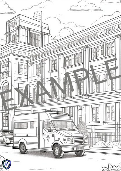 The *Medicus Caps Colouring Book* features a black-and-white hospital scene with an ambulance, perfect for a creative, healthcare-themed coloring session. "EXAMPLE" overlays the image.