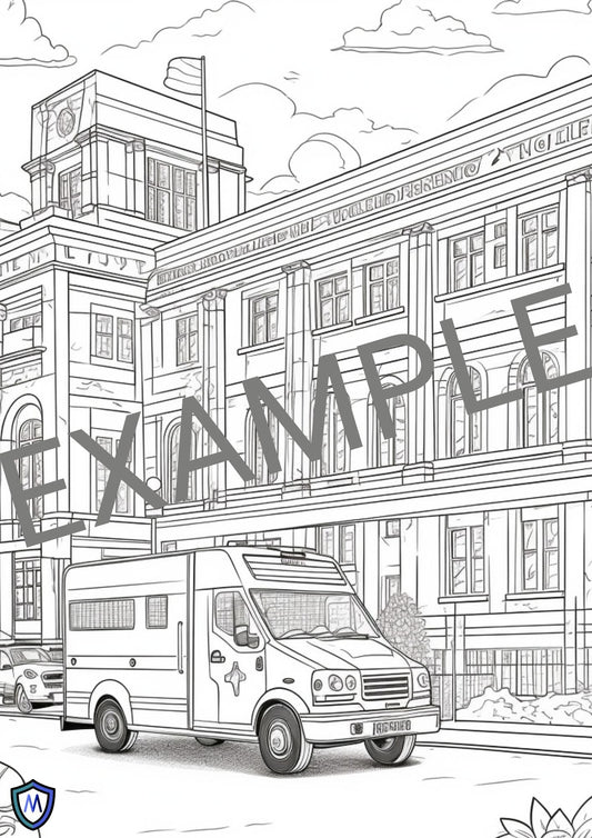 The *Medicus Caps Colouring Book* features a black-and-white hospital scene with an ambulance, perfect for a creative, healthcare-themed coloring session. "EXAMPLE" overlays the image.