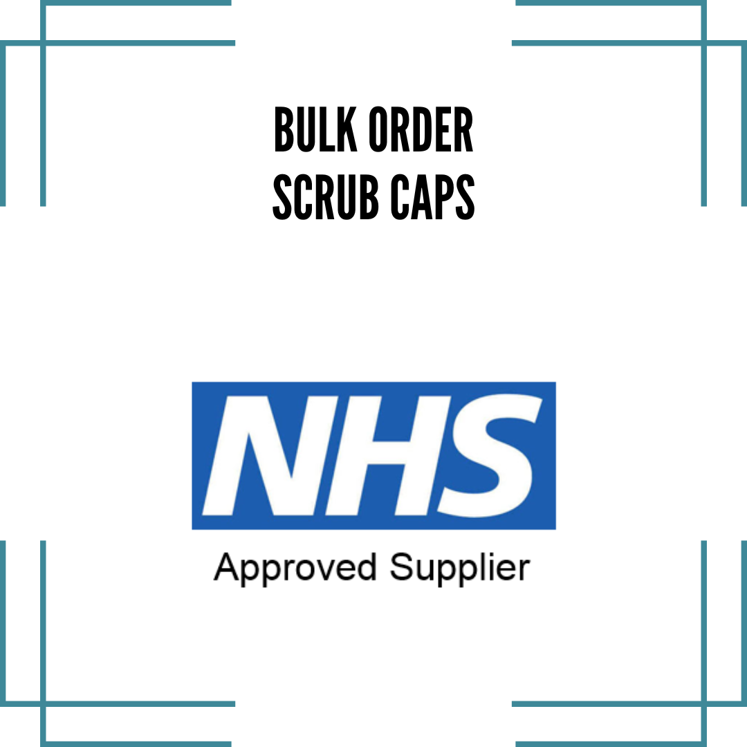 Text graphic with the words Bulk Order Scrub Caps above and NHS Approved Supplier below a blue NHS logo on a white background, framed by blue corner lines.