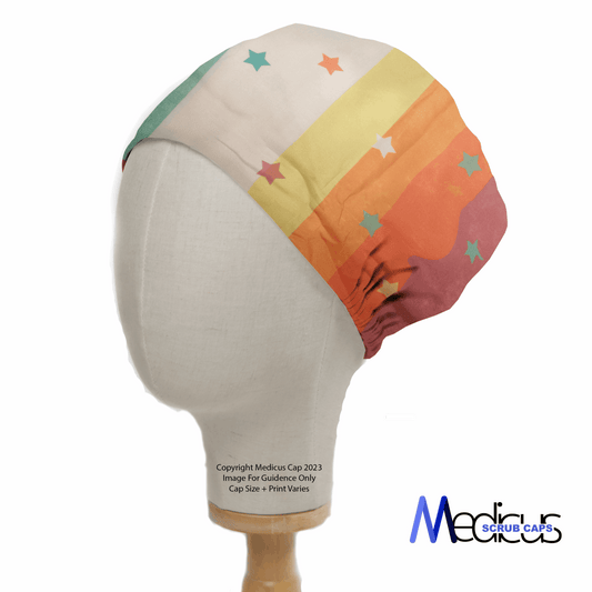 A mannequin head showcases the 90s Stars Rainbow Theatre Cap by Medicus Scrub Caps, featuring a comfortable fit and retro design with vibrant horizontal stripes in colors like orange, yellow, and green. Small stars adorn this reusable scrub cap, which includes the Medicus watermark at the bottom.