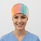 90s Stars Rainbow scrub cap shown on model