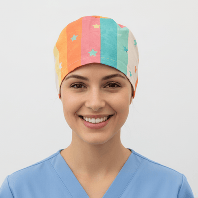 90s Stars Rainbow scrub cap shown on model