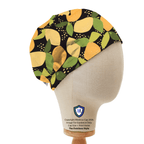 Abstract Lemon Tree Print Leaves scrub cap pattern shown flat