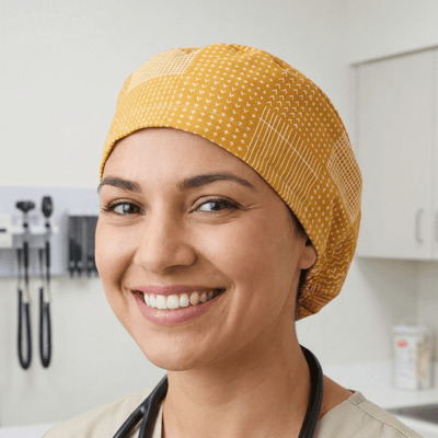 Abstract Lines On Mustard Theatre scrub cap shown on model