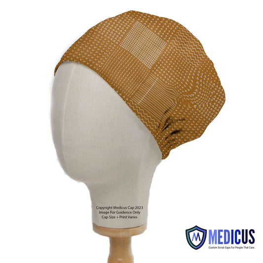 Abstract Lines On Mustard Theatre Scrub Cap from Medicus Scrub Caps, featuring a geometric pattern on a mustard background, displayed on a mannequin head.