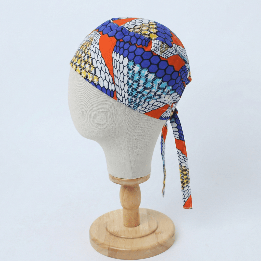 African Honeycomb Scrub Cap (Cobalt, Orange, White, Teal & Gold) scrub cap detail view 3