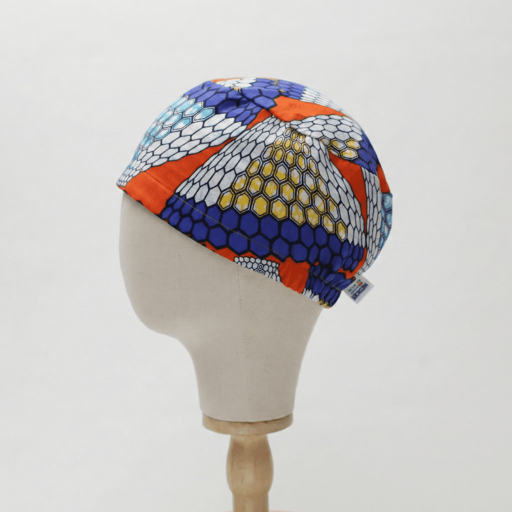 African Honeycomb Scrub Cap (Cobalt, Orange, White, Teal & Gold) scrub cap detail view 4