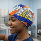 African Honeycomb Scrub Cap (Cobalt, Orange, White, Teal & Gold) scrub cap shown on model