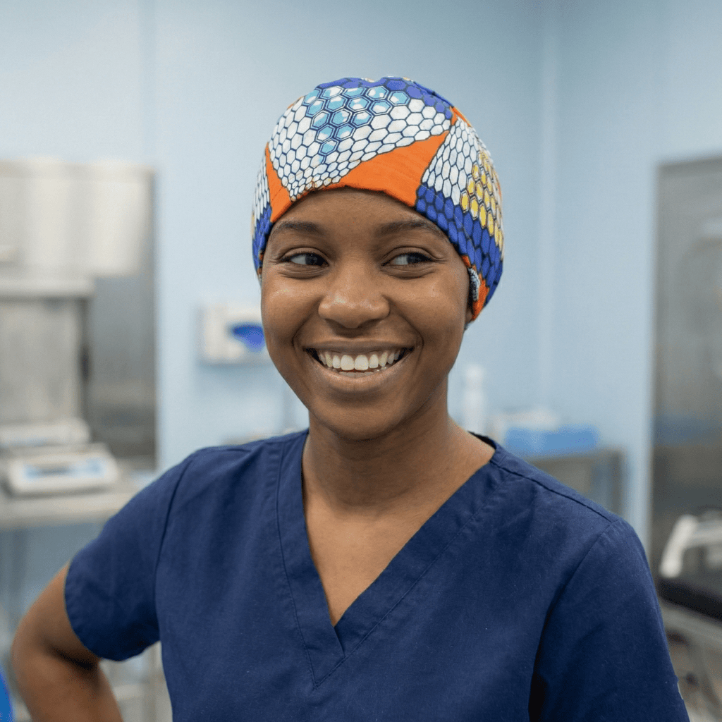 African Honeycomb Scrub Cap (Cobalt, Orange, White, Teal & Gold) scrub cap detail view 2