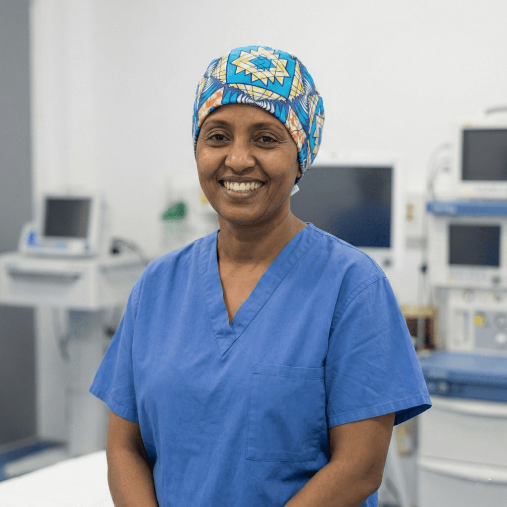 African Blue Starburst Scrub Cap (Aqua, Navy, Sunshine Yellow & Coral) scrub cap detail view 2