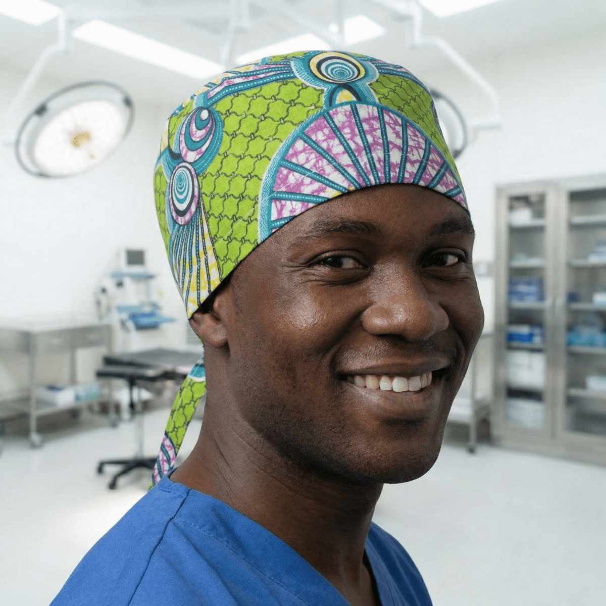 African Swirly Fan Scrub Cap (Leaf Green, Teal & Magenta)