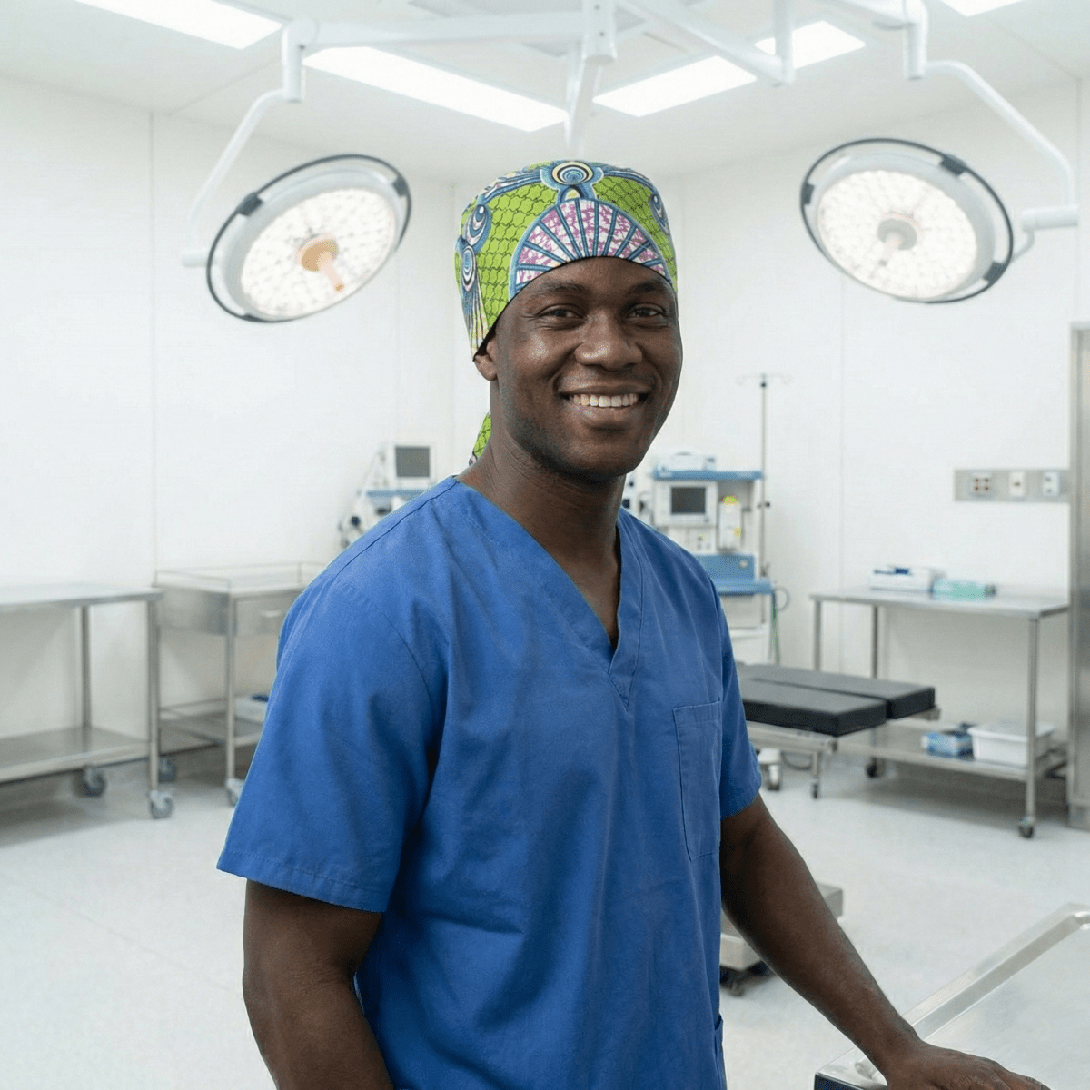 African Swirly Fan Scrub Cap (Leaf Green, Teal & Magenta)