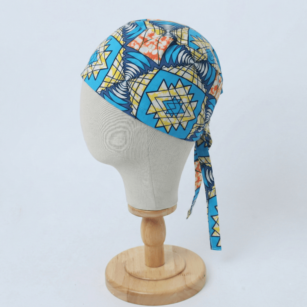 African Blue Starburst Scrub Cap (Aqua, Navy, Sunshine Yellow & Coral) scrub cap detail view 3