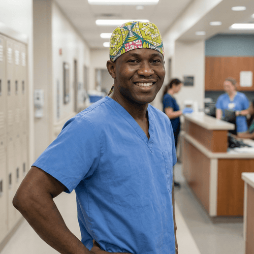 African Geo Starburst (Green, Yellow & Pink) Scrub Cap scrub cap detail view 2