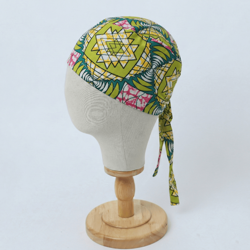 African Geo Starburst (Green, Yellow & Pink) Scrub Cap scrub cap detail view 3