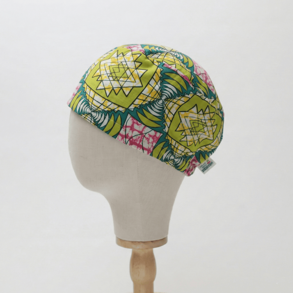 African Geo Starburst (Green, Yellow & Pink) Scrub Cap scrub cap detail view 4