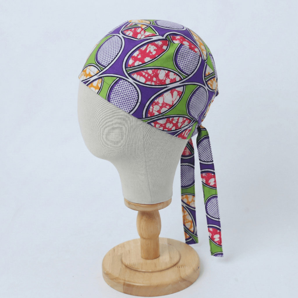 African Green & Purple Disc Scrub Cap (Lime, Violet, Coral & White) scrub cap detail view 3