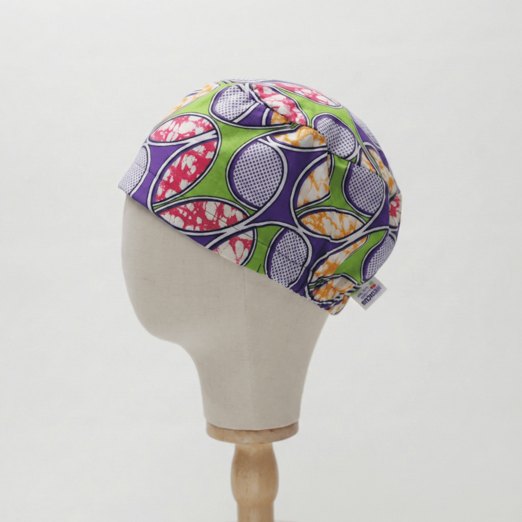 African Green & Purple Disc Scrub Cap (Lime, Violet, Coral & White) scrub cap detail view 4
