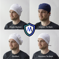Four images display The Mullet scrub cap styles by Medicus Scrub Caps: elastic-backed, captain tie-back, bouffant, and bandana tie-back. A shield logo unites them.